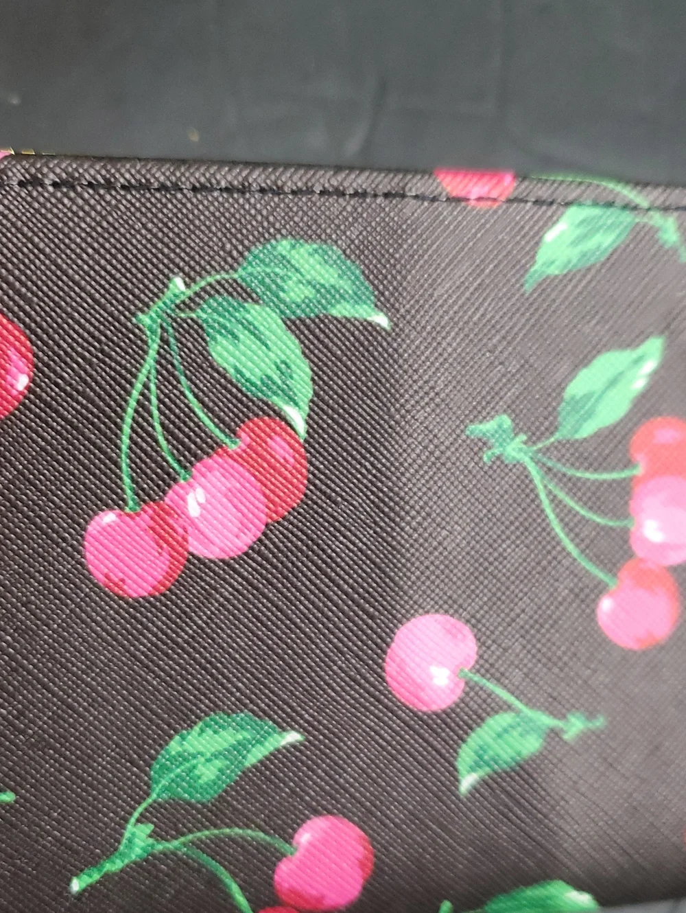 Black and pink cherry printed zip around long wallet with cherry charm brand new